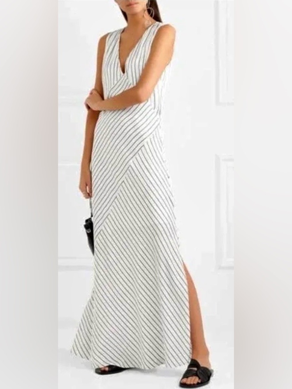 Theory Black Ivory Crushed Satin Striped Slip Maxi Dress